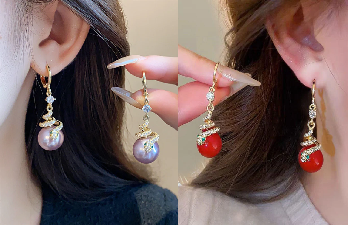 🐍New Year Sale🎀Gold Plated Snake Pearl Earrings