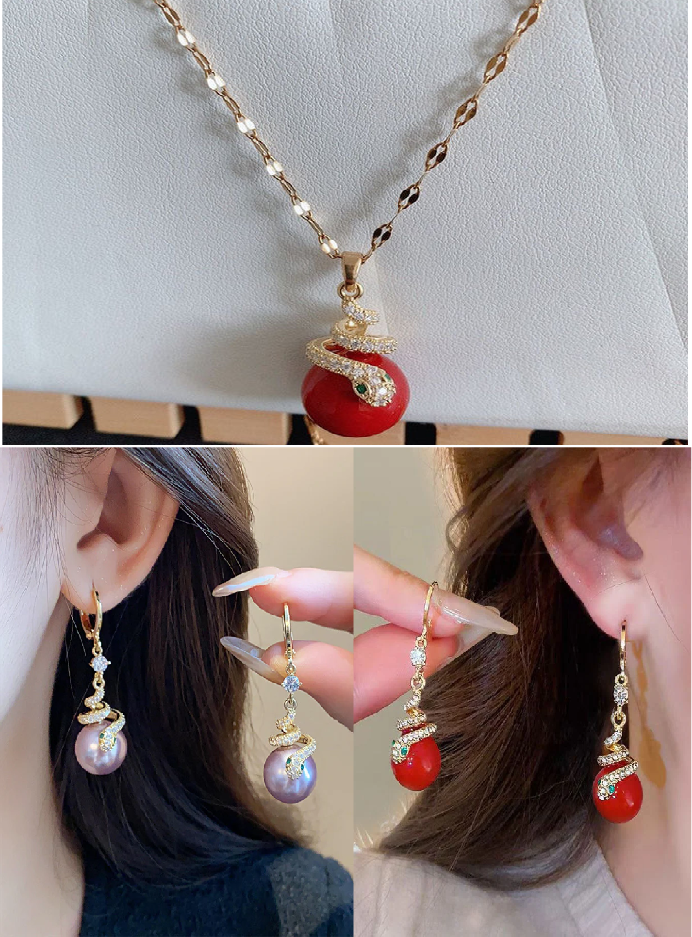 🐍New Year Sale🎀Gold Plated Snake Pearl Earrings