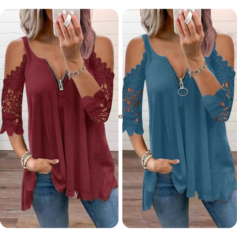 ⌛Limited-Time Offer-Women's Lace Cold Shoulder Top with Zipper
