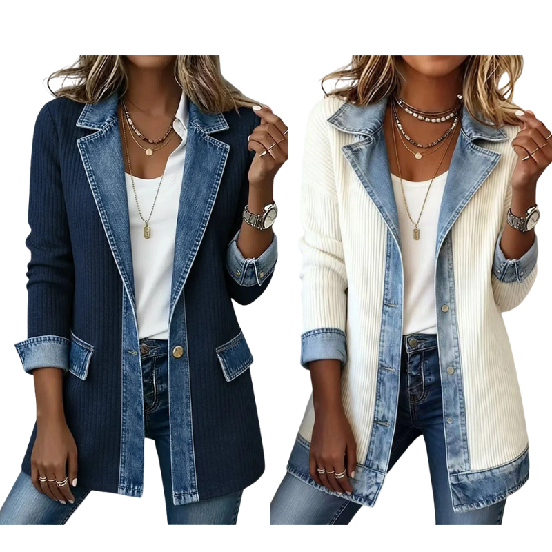 Seasonal Style🛍️Women’s Elegant Denim Spliced Ribbed Knit Coat