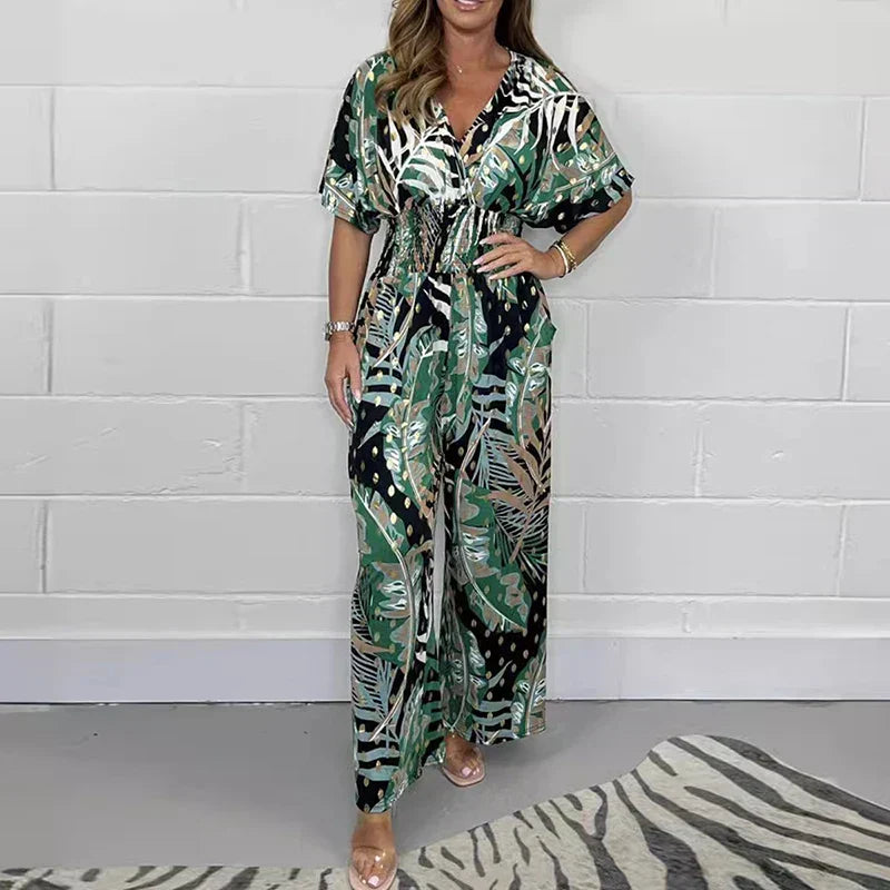 🥻Women's Fashion Leaf Print Plus Size Bodysuit with Elastic Waist