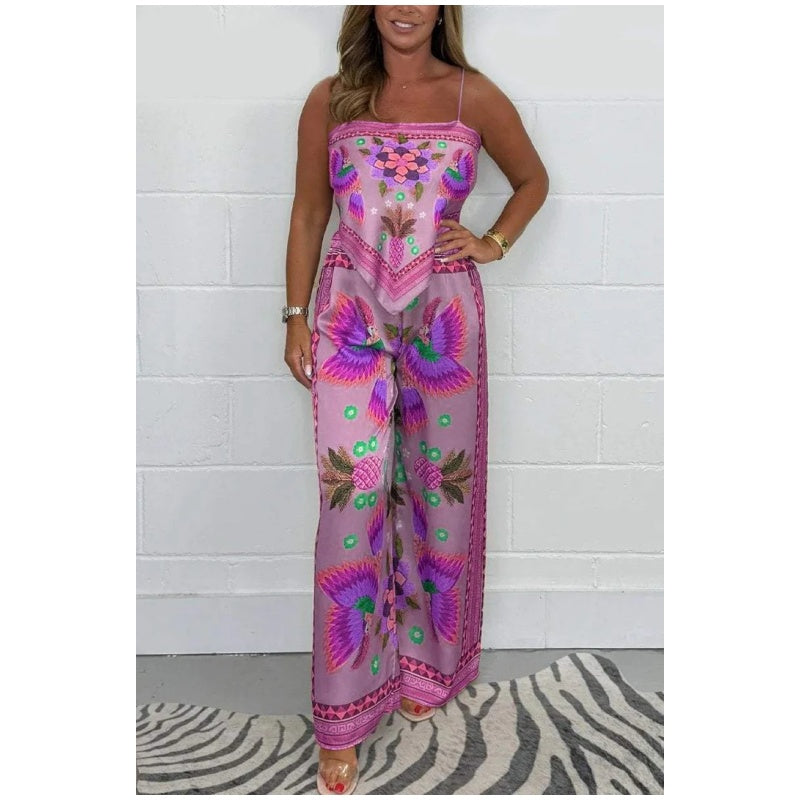 🔥New Arrival 59% OFF⚡50K+ SOLD!💝Spaghetti Strap Printed Top & Loose Women's Pants 2-Piece Set