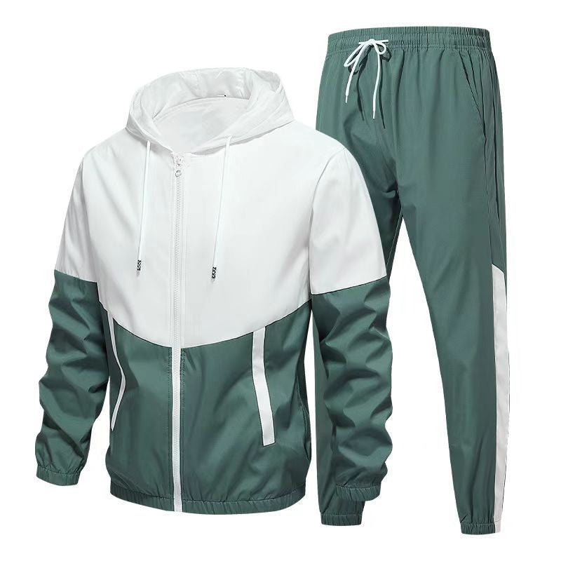 Men's Comfortable Color-Block Hooded Jacket & Drawstring Pants