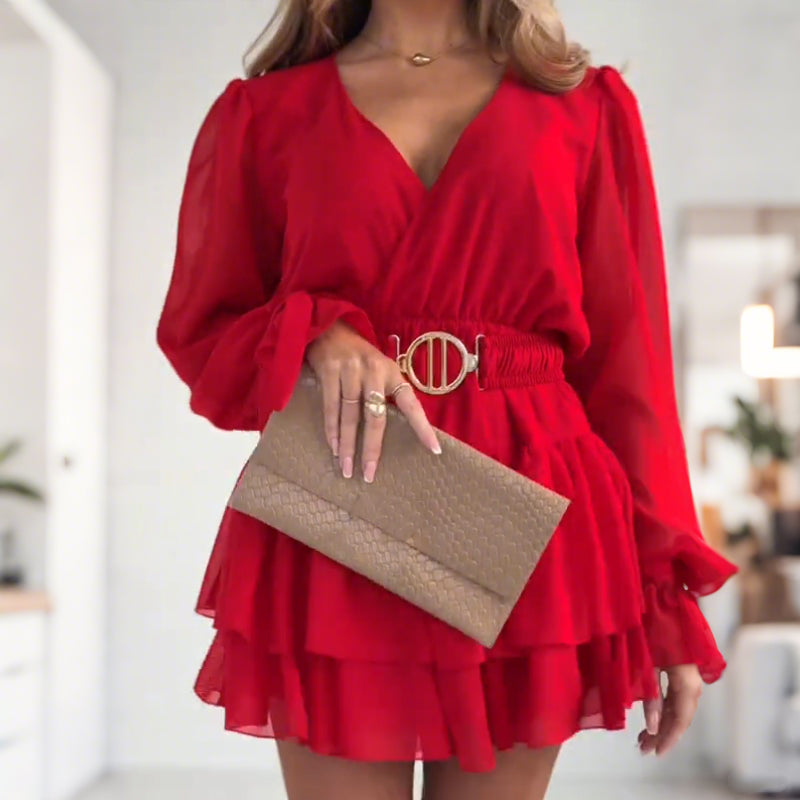 🔥New Arrivals Special Offer-Women's Fashion Long Sleeve V-Neck Mini Dress