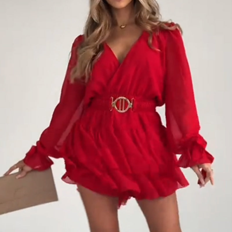 🔥New Arrivals Special Offer-Women's Fashion Long Sleeve V-Neck Mini Dress