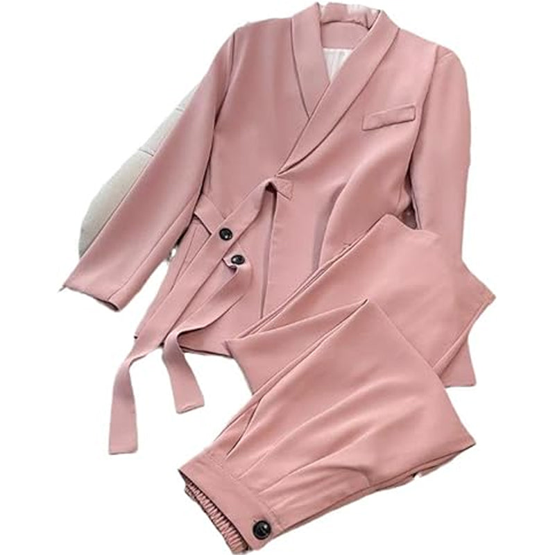 Women's Formal Office 2-Piece Set: Tie-Front Blazer & Wide Leg Pants
