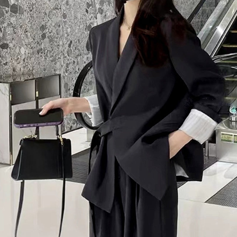 Women's Formal Office 2-Piece Set: Tie-Front Blazer & Wide Leg Pants