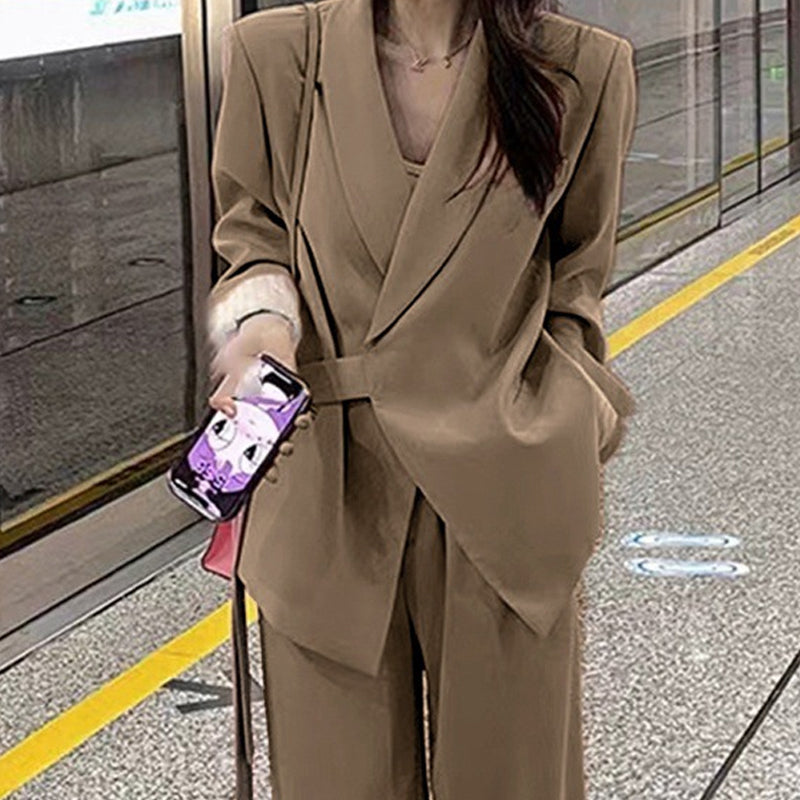 Women's Formal Office 2-Piece Set: Tie-Front Blazer & Wide Leg Pants