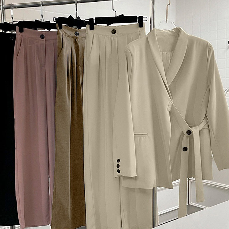 Women's Formal Office 2-Piece Set: Tie-Front Blazer & Wide Leg Pants