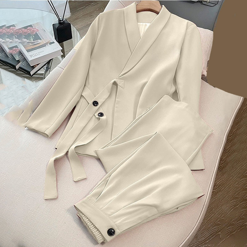 Women's Formal Office 2-Piece Set: Tie-Front Blazer & Wide Leg Pants