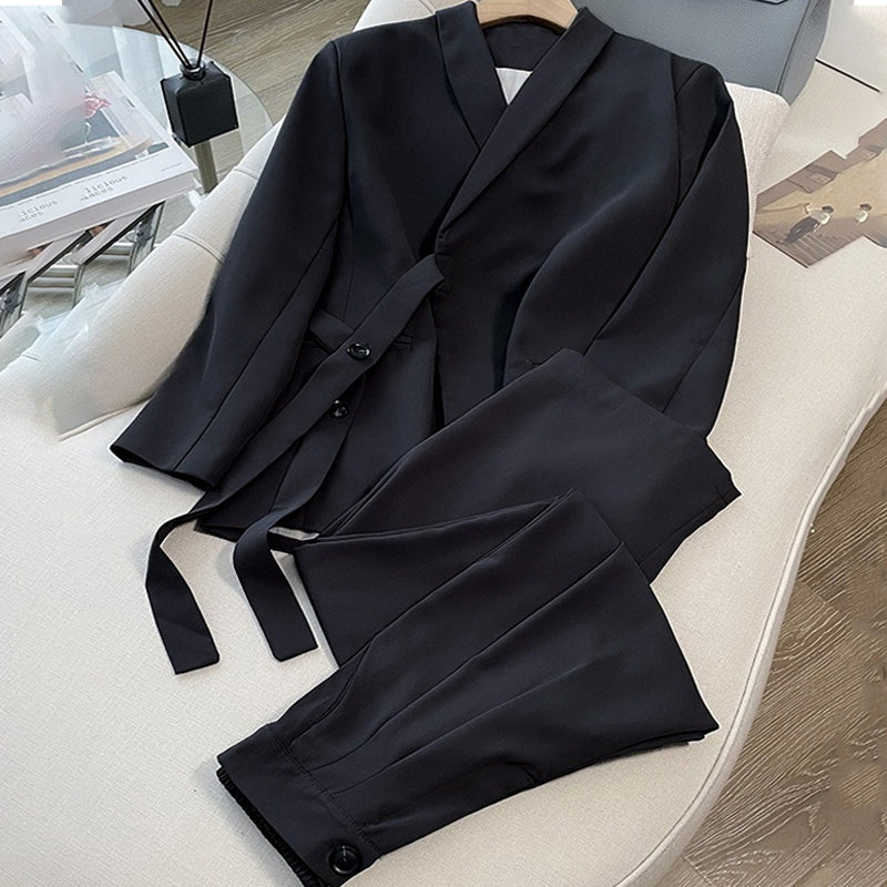 Women's Formal Office 2-Piece Set: Tie-Front Blazer & Wide Leg Pants
