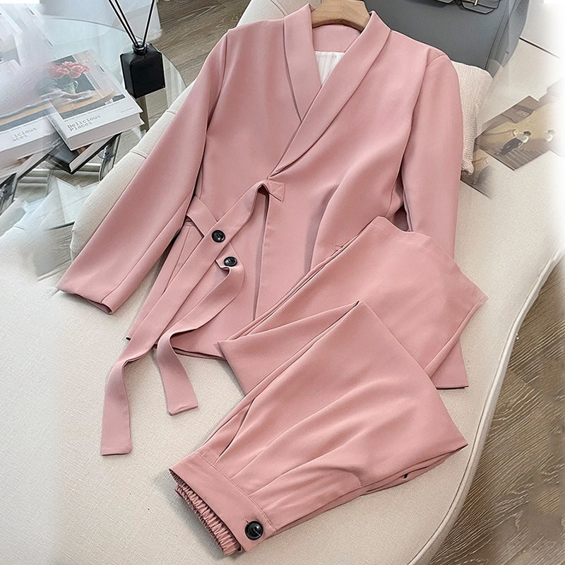 Women's Formal Office 2-Piece Set: Tie-Front Blazer & Wide Leg Pants
