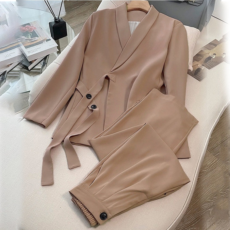 Women's Formal Office 2-Piece Set: Tie-Front Blazer & Wide Leg Pants