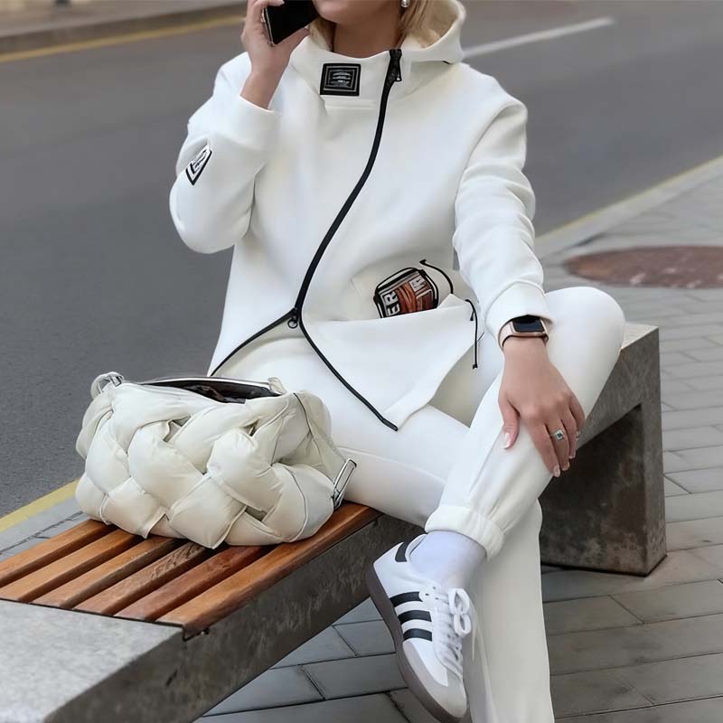 Women Casual Stand Collar Zip-up Jacket & Pants Set