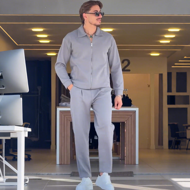Men's Zip-Up Jacket and Solid Color Pants Set