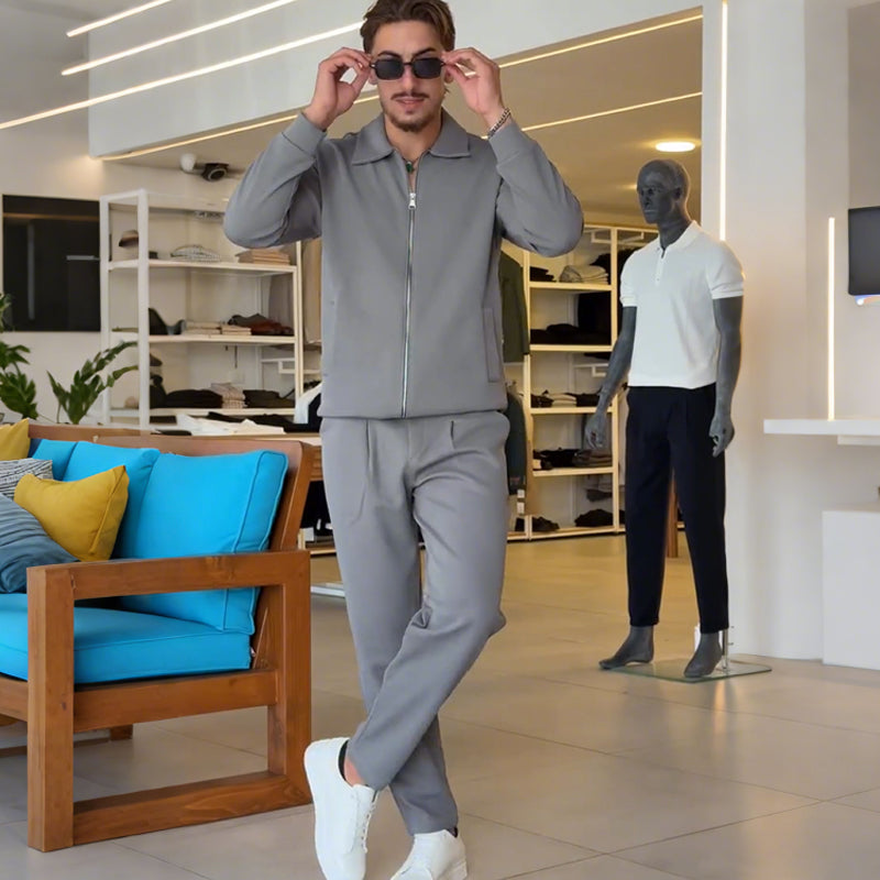 Men's Zip-Up Jacket and Solid Color Pants Set