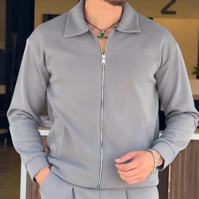 Men's Zip-Up Jacket and Solid Color Pants Set
