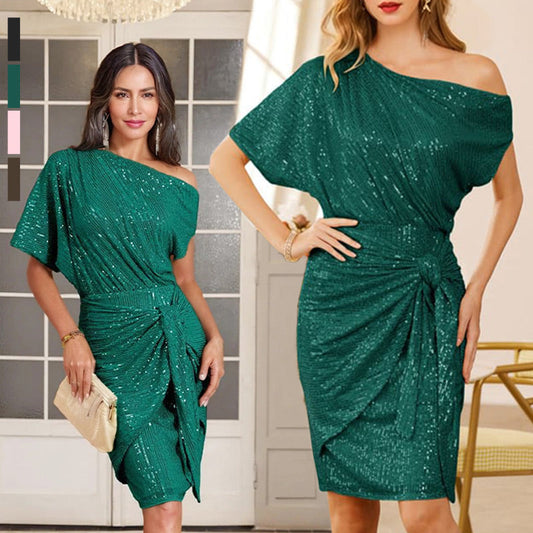 💃👠Hot Sale 50% OFF🖤Sparkly One-Shoulder Ruched Dress✨🌙 Free Moon & Star Necklace for first 100 orders! 🎁