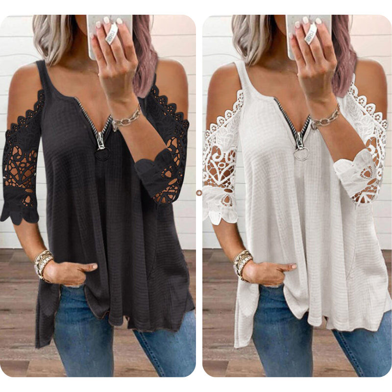 ⌛Limited-Time Offer-Women's Lace Cold Shoulder Top with Zipper