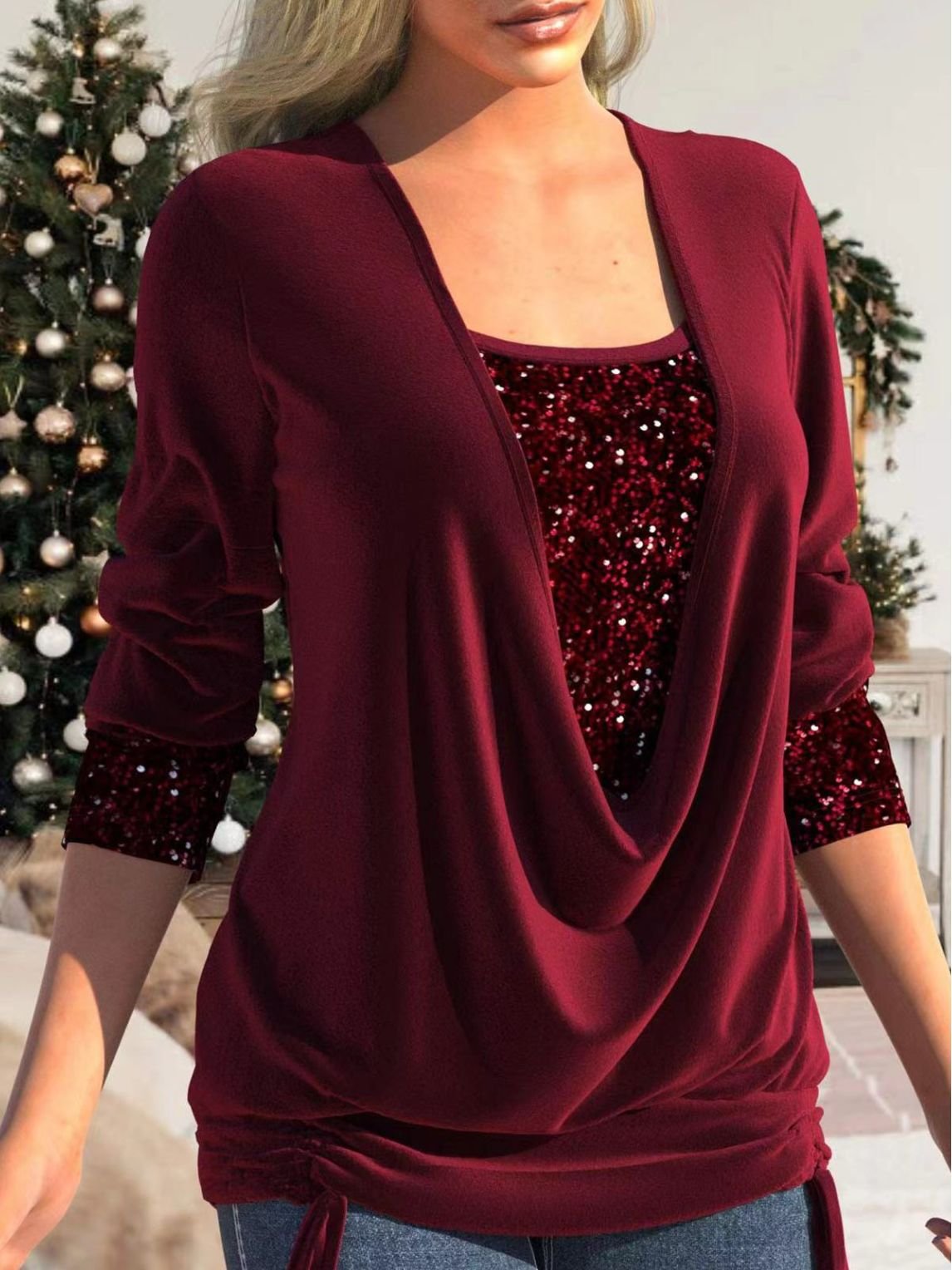 🎁LAST DAY SALE-49% OFF🎁Sequin Loose Smocked Fake Two-Piece Top