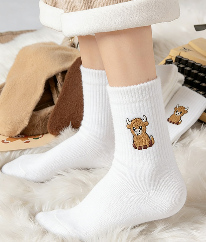 ⏳Warm Winter Sale 50% OFF!🔥Women's Cute Warm Highland Cow Embroidered Plush Socks