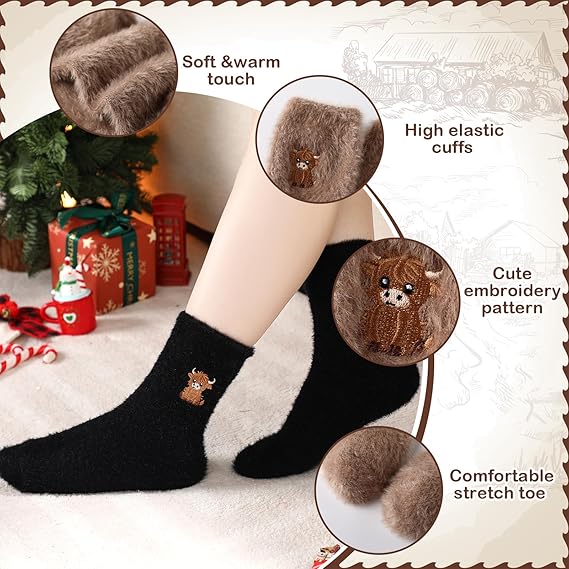 ⏳Warm Winter Sale 50% OFF!🔥Women's Cute Warm Highland Cow Embroidered Plush Socks