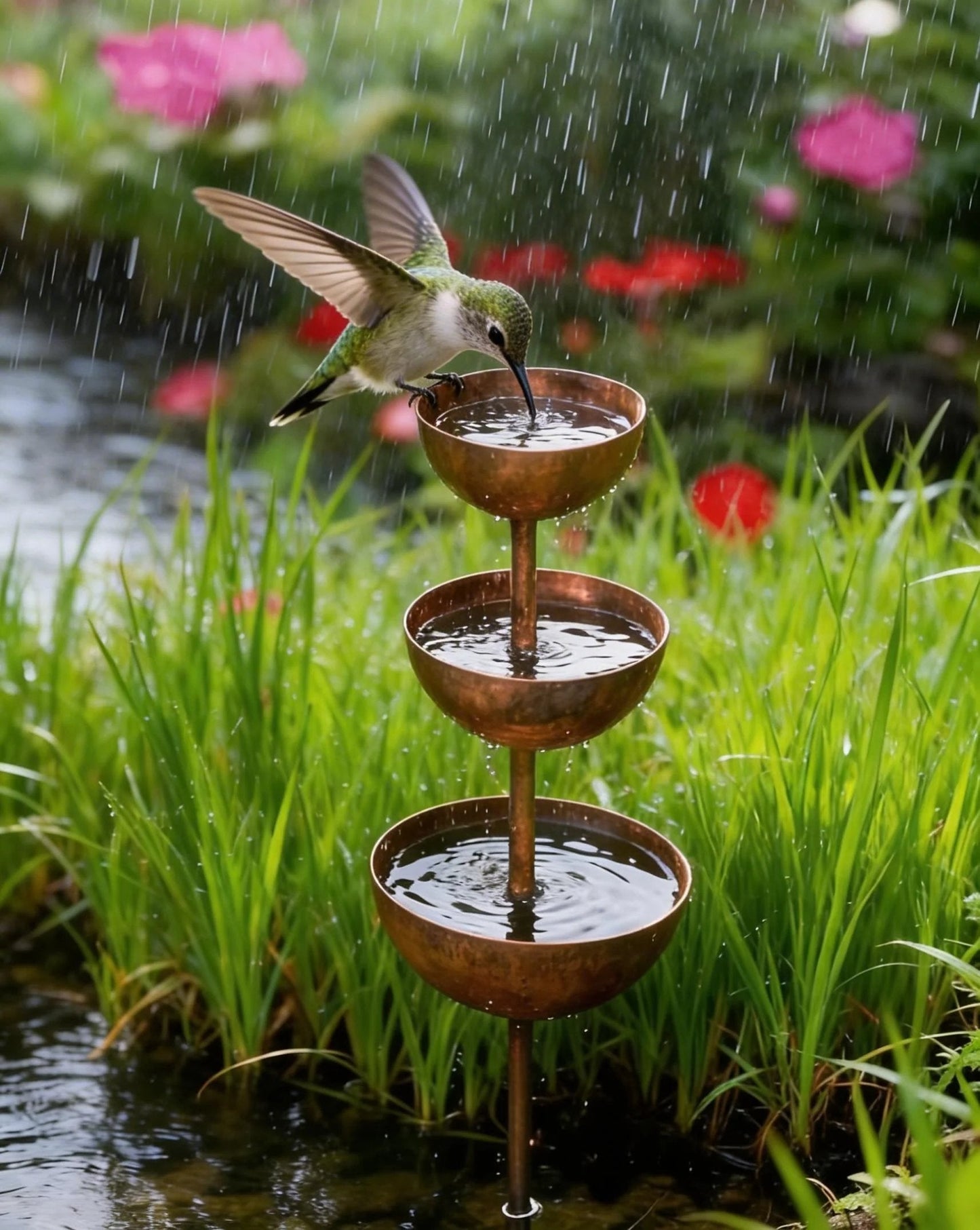 🐦LAST DAY SALE 50% OFF⚡ Rustic Metal Rain Catcher Plant Support Stake, Multi-Purpose Garden Ornament, Bird Bath & Bird Feeder for Yard Flower Bed Decor