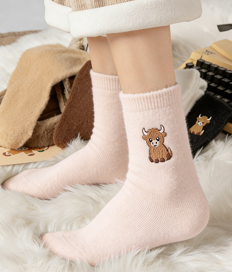 ⏳Warm Winter Sale 50% OFF!🔥Women's Cute Warm Highland Cow Embroidered Plush Socks