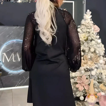 💖Limited Sale 50% OFF💖Women's Sequin Patchwork Tie Neck Dress
