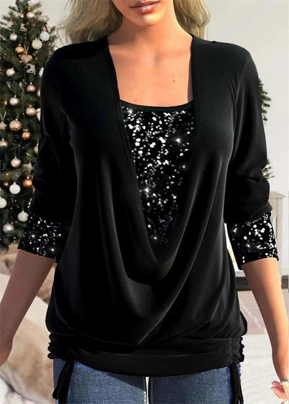🎁Christmas discount 50% OFF🎄Sequin Loose Smocked Fake Two-Piece Top