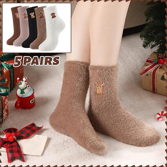 ⏳Warm Winter Sale 50% OFF!🔥Women's Cute Warm Highland Cow Embroidered Plush Socks