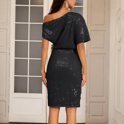 💃👠Hot Sale 50% OFF🖤Sparkly One-Shoulder Ruched Dress✨🌙 Free Moon & Star Necklace for first 100 orders! 🎁