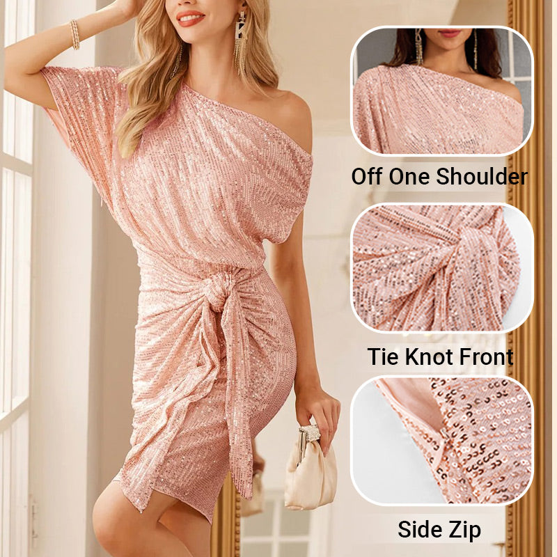 💃👠Hot Sale 50% OFF🖤Sparkly One-Shoulder Ruched Dress✨🌙 Free Moon & Star Necklace for first 100 orders! 🎁