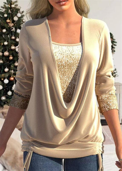 🎁Christmas discount 50% OFF🎄Sequin Loose Smocked Fake Two-Piece Top