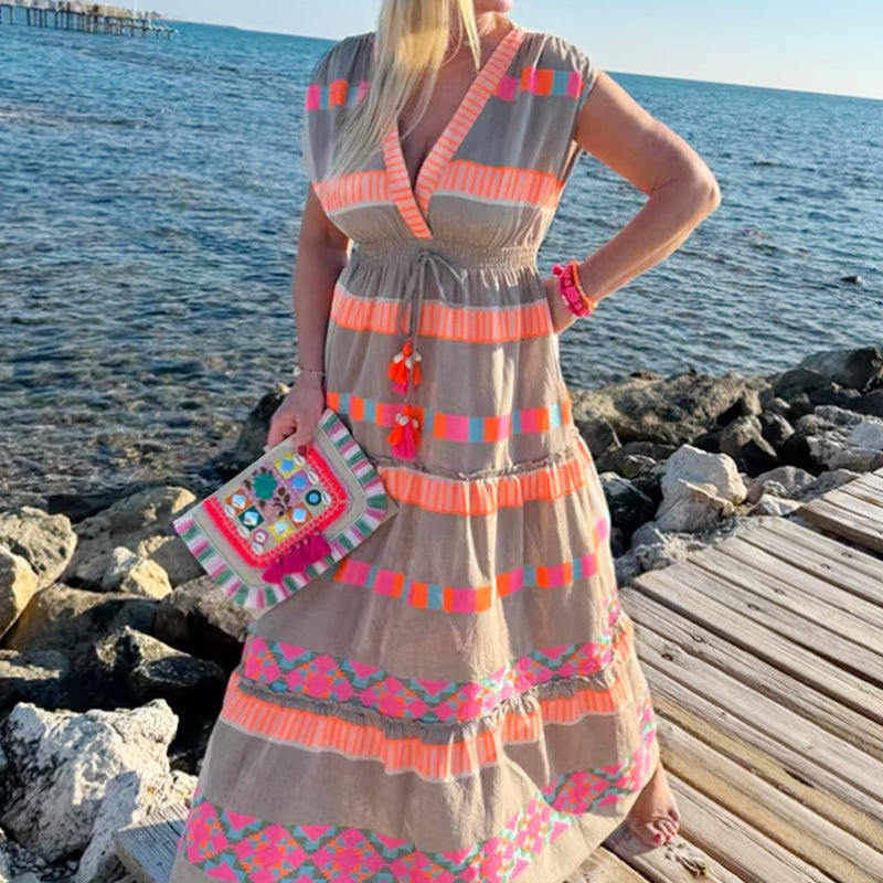 💕Women's Loose V-Neck Vintage Stripe Pattern Sleeveless Dress