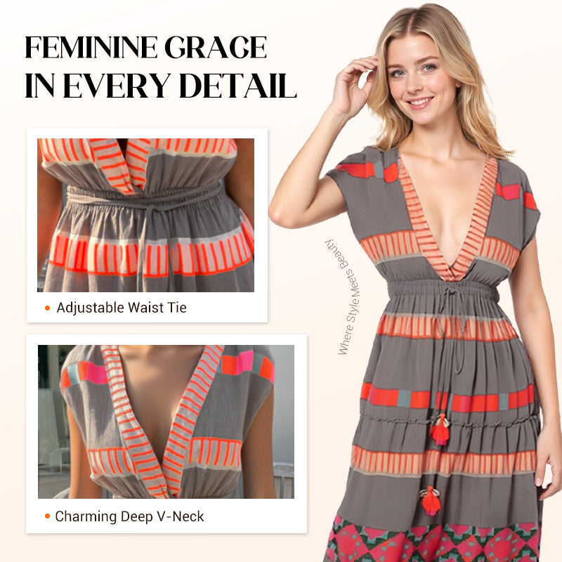 💕Women's Loose V-Neck Vintage Stripe Pattern Sleeveless Dress