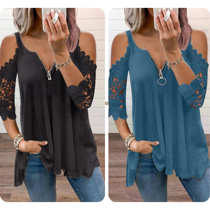 ⌛Limited-Time Offer-Women's Lace Cold Shoulder Top with Zipper