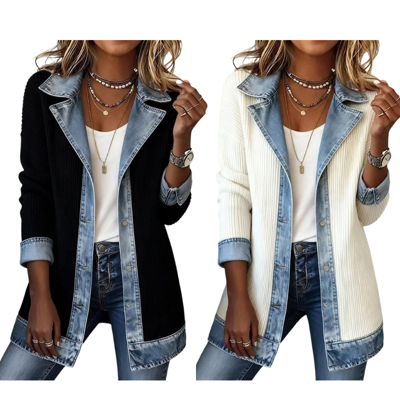 Seasonal Style🛍️Women’s Elegant Denim Spliced Ribbed Knit Coat