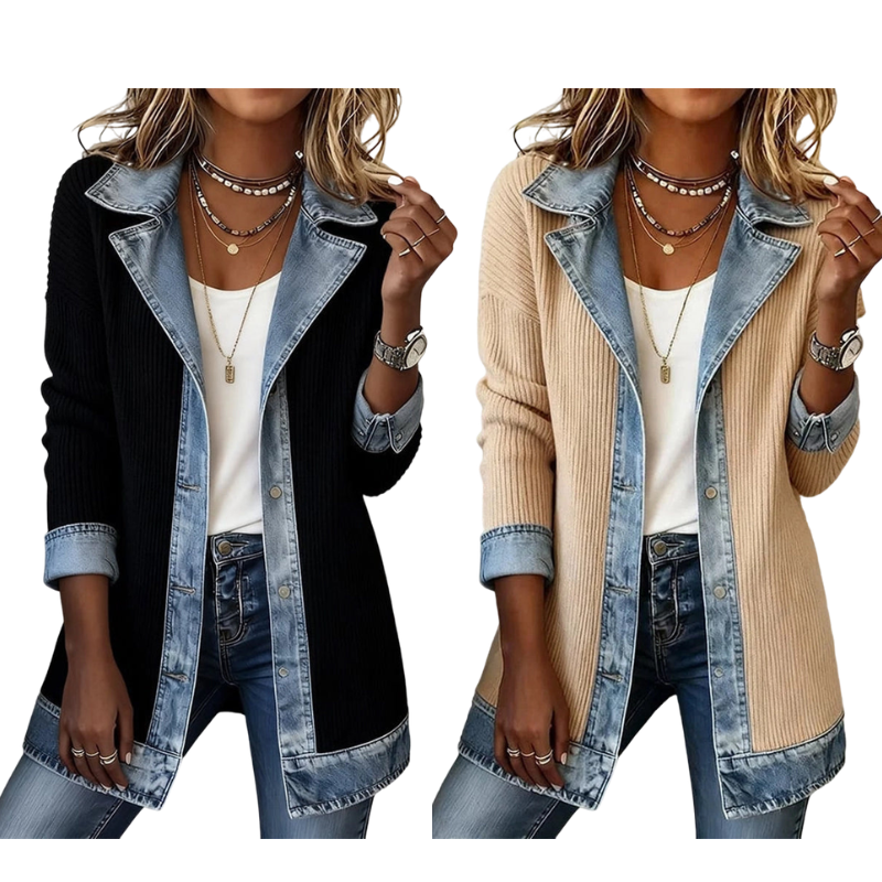Seasonal Style🛍️Women’s Elegant Denim Spliced Ribbed Knit Coat