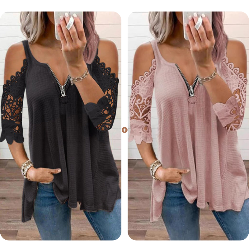 ⌛Limited-Time Offer-Women's Lace Cold Shoulder Top with Zipper