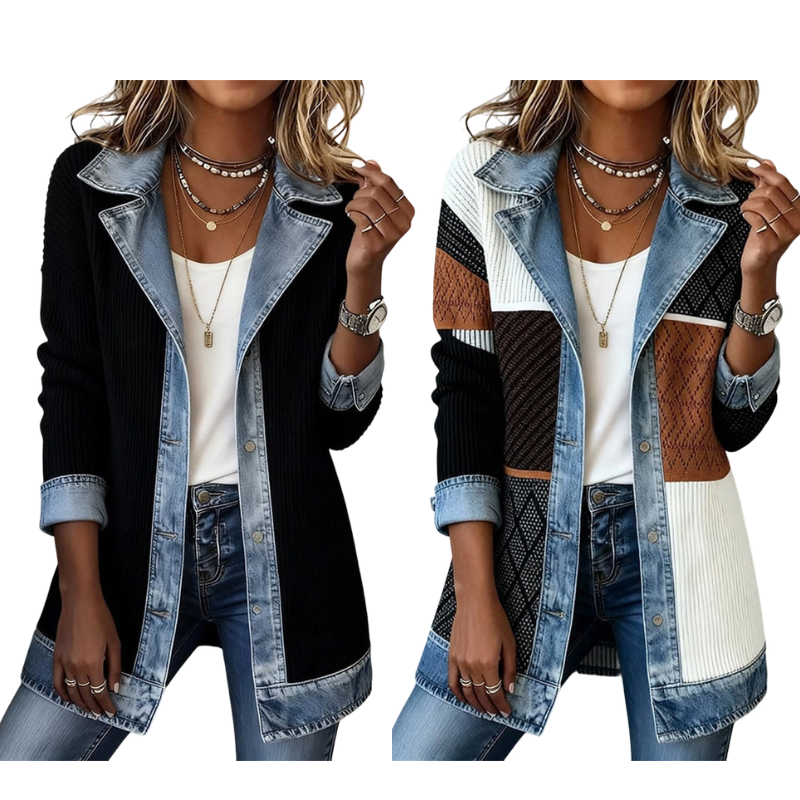 Seasonal Style🛍️Women’s Elegant Denim Spliced Ribbed Knit Coat