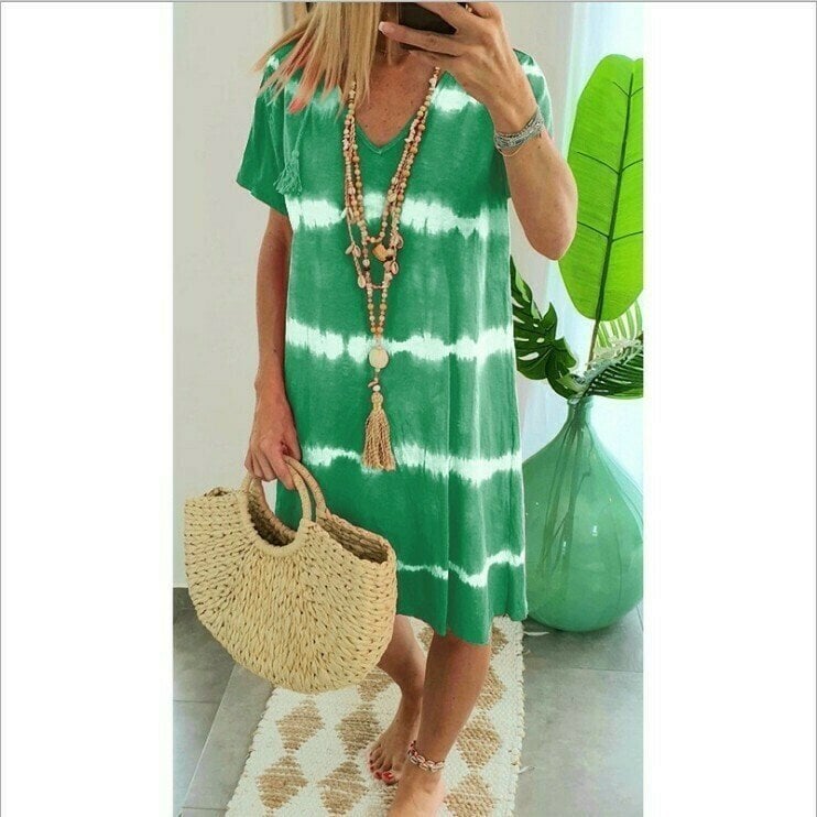 👗Tie-dye Striped Short-sleeved Loose T-shirt Dress