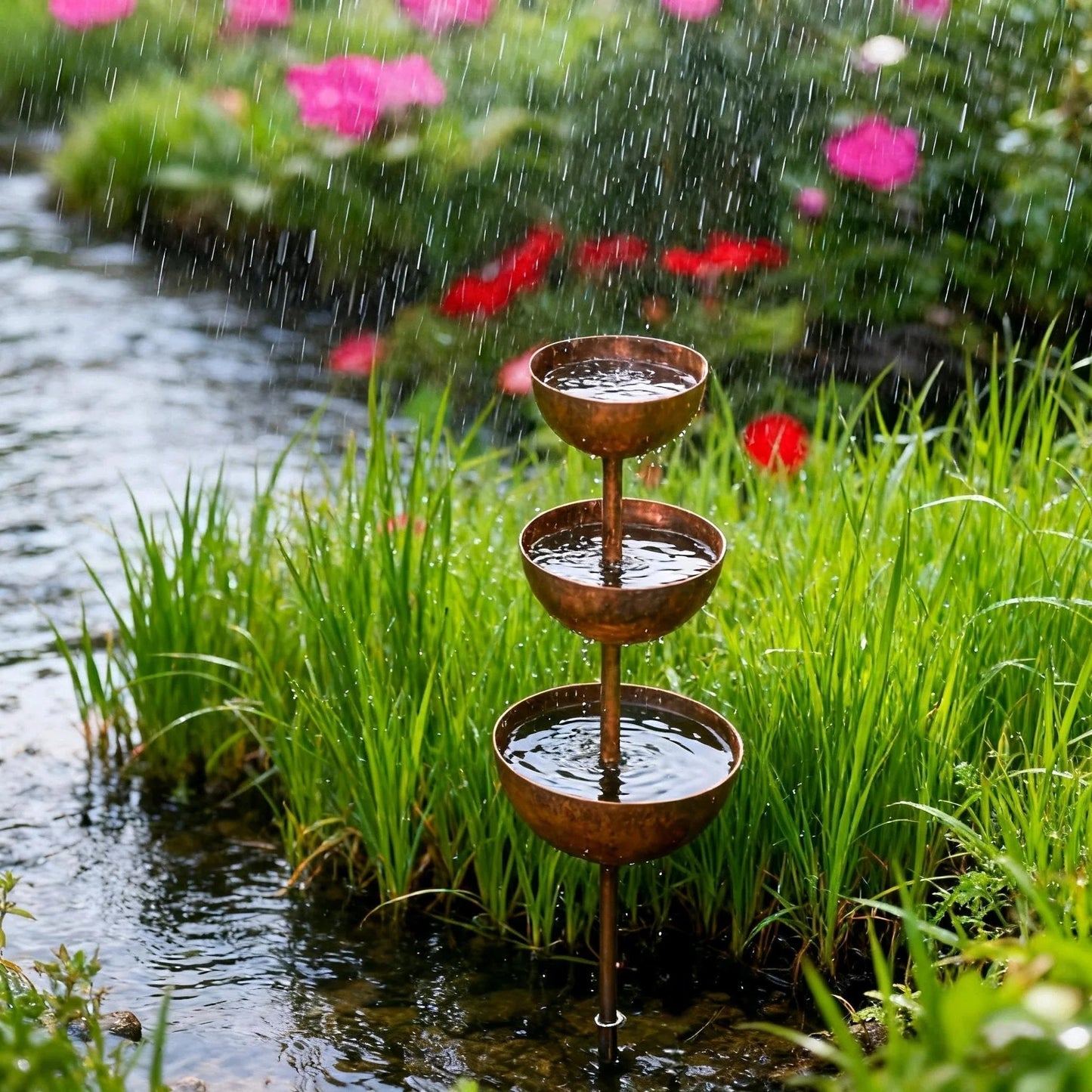 🐦LAST DAY SALE 50% OFF⚡ Rustic Metal Rain Catcher Plant Support Stake, Multi-Purpose Garden Ornament, Bird Bath & Bird Feeder for Yard Flower Bed Decor