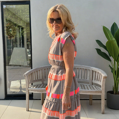 💕Women's Loose V-Neck Vintage Stripe Pattern Sleeveless Dress