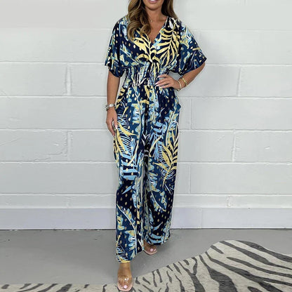 🥻Women's Fashion Leaf Print Plus Size Bodysuit with Elastic Waist