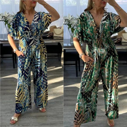 🥻Women's Fashion Leaf Print Plus Size Bodysuit with Elastic Waist