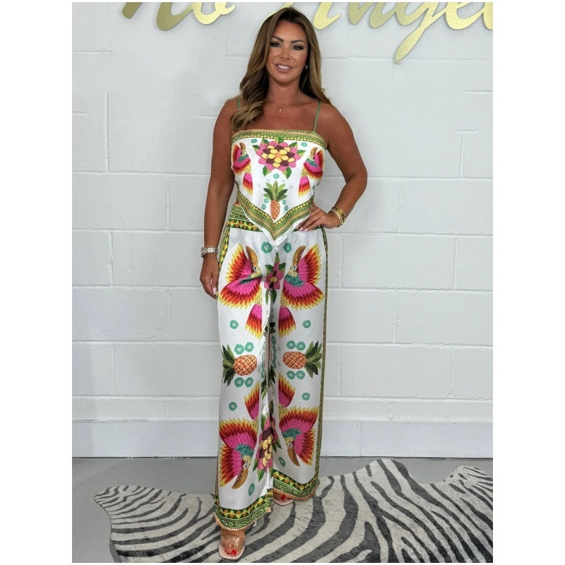 🔥New Arrival 59% OFF⚡50K+ SOLD!💝Spaghetti Strap Printed Top & Loose Women's Pants 2-Piece Set