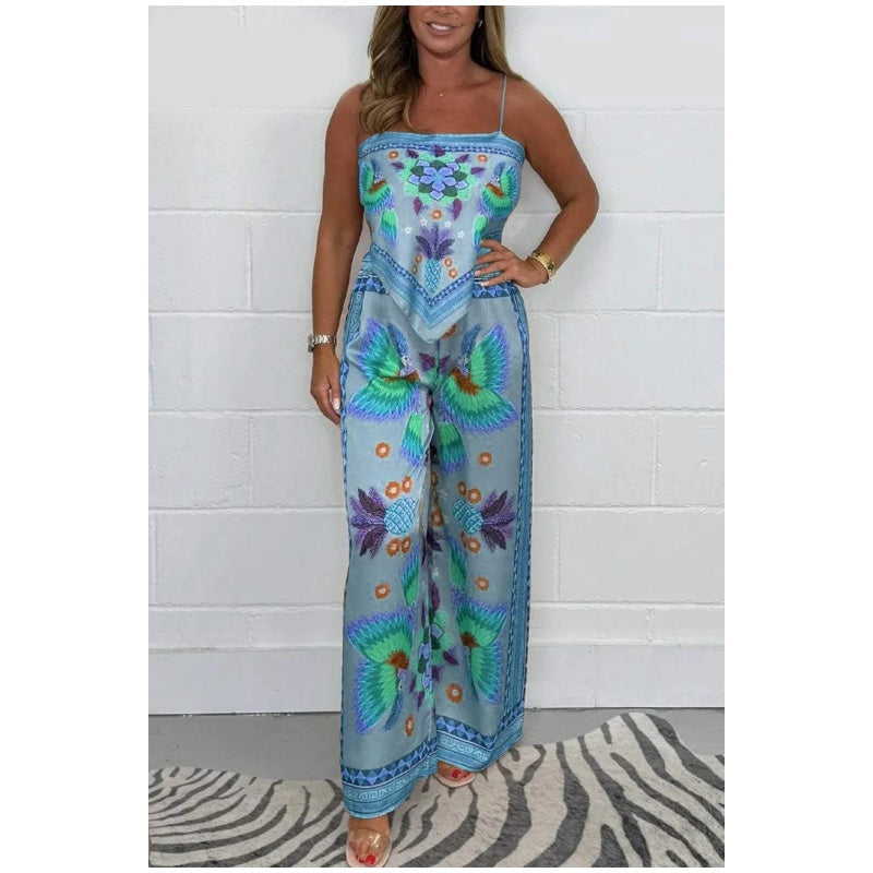 🔥New Arrival 59% OFF⚡50K+ SOLD!💝Spaghetti Strap Printed Top & Loose Women's Pants 2-Piece Set