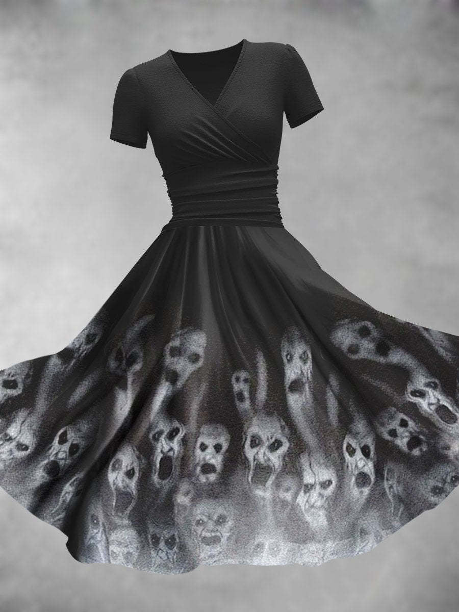 Retro Halloween Art Printed V-Neck Vintage Fashion Short Sleeve Midi Dress