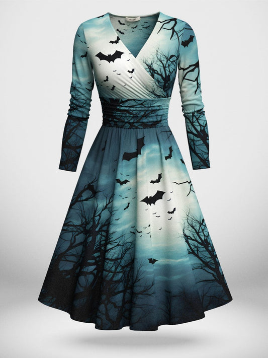 Retro Halloween Art Printed V-Neck Vintage Fashion Long Sleeve Midi Dress